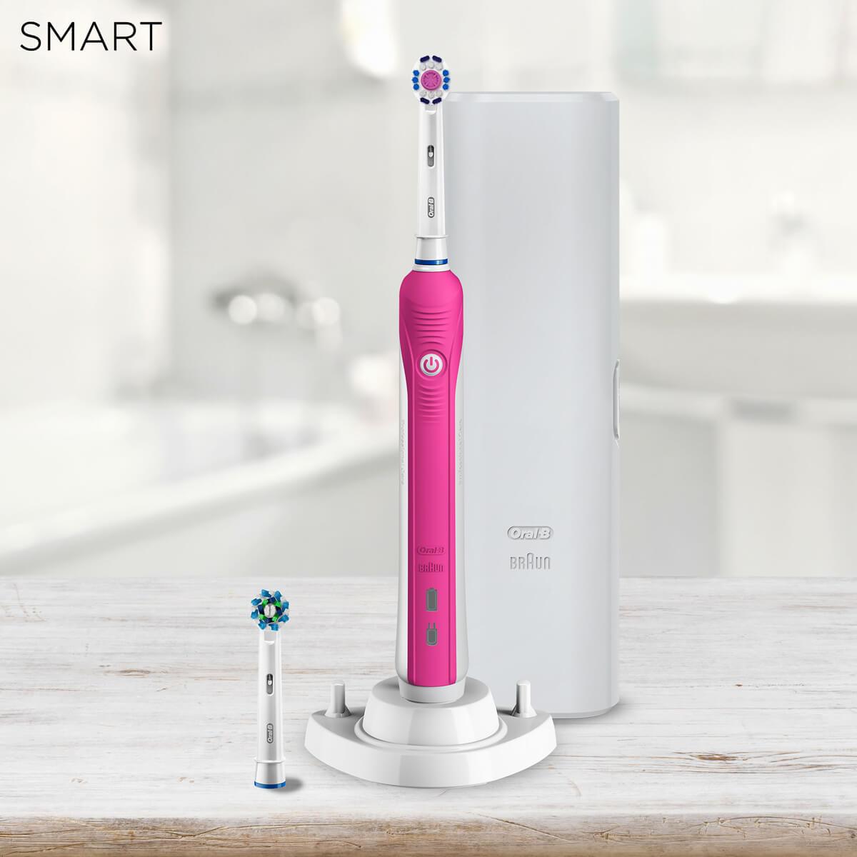 Oral-B Smart 4 4000 3D White Pink Bluetooth Enabled Electric Toothbrush +  Travel Case